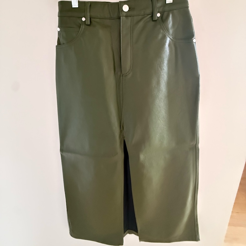 Anthropologie Olive Faux-Leather Maxi Skirt with Front Slit
